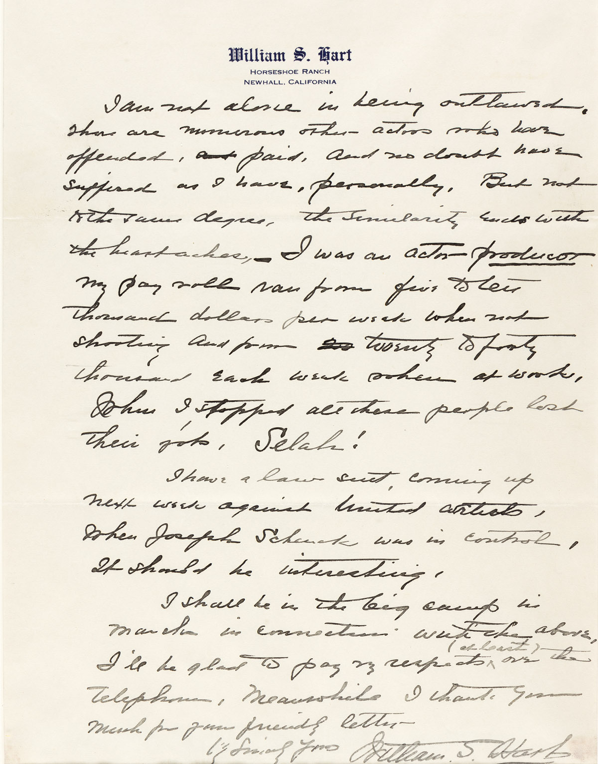 HART, WILLIAM S. Autograph Letter Signed, to journalist Edward S. Hipp,